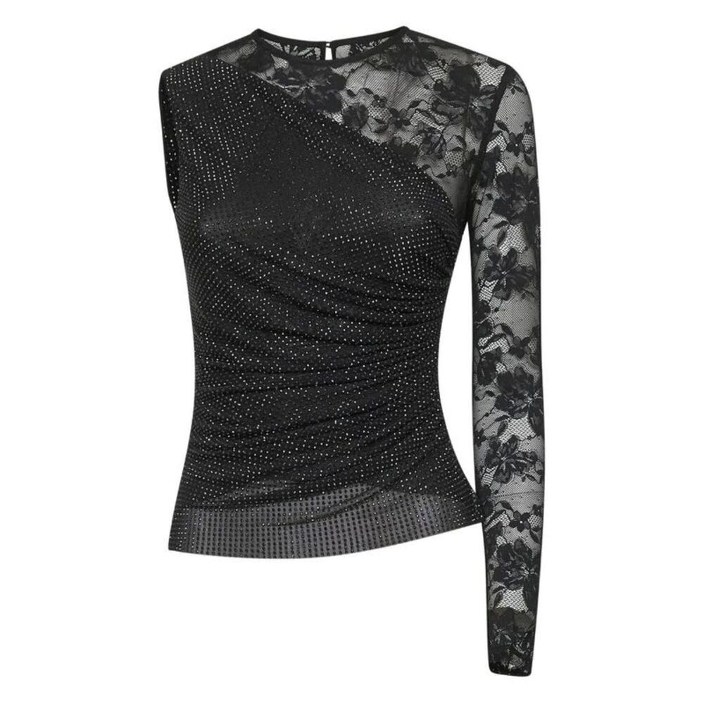 SELF-PORTRAIT Asymmetric Sequin and Lace Top Women BLACK Shirts